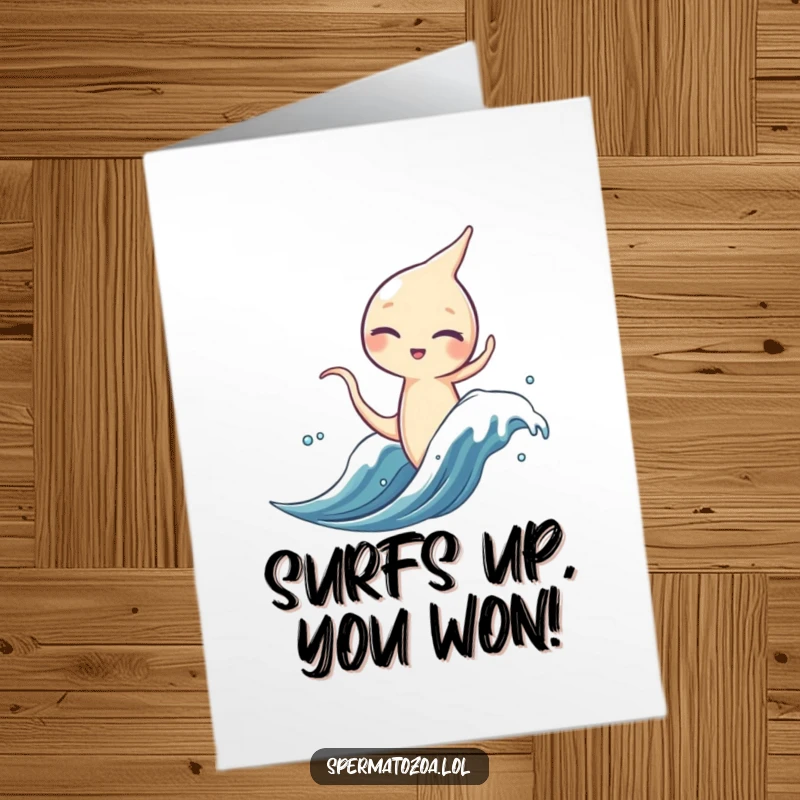 Free Printable Congratulations Card: A sperm character confidently winks while riding a microscopic wave, symbolizing a triumphant journey.