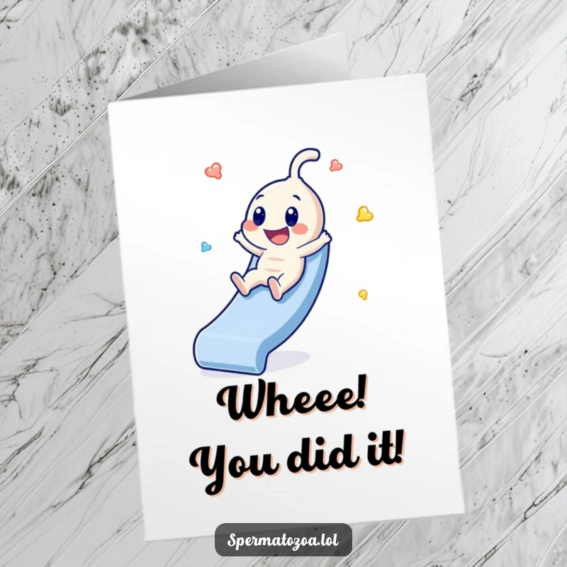 Funny Free Printable Congrats Card: Sperm character gleefully sliding down a slide, celebrating success.