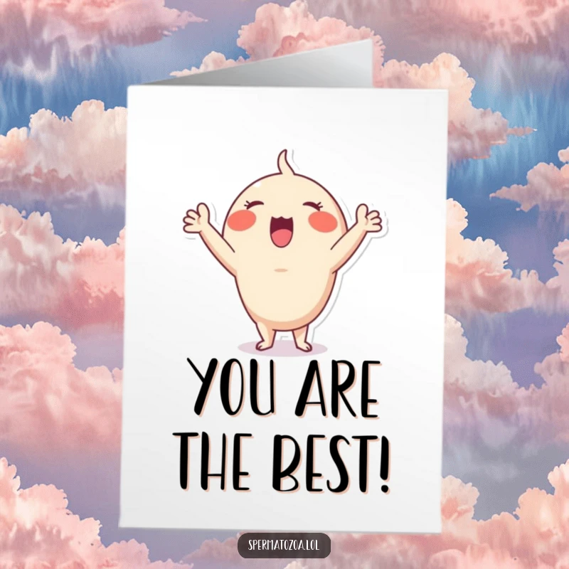 Funny Free Printable Congrats Card: Sperm character raising tiny arms in enthusiastic cheer, celebrating victory.