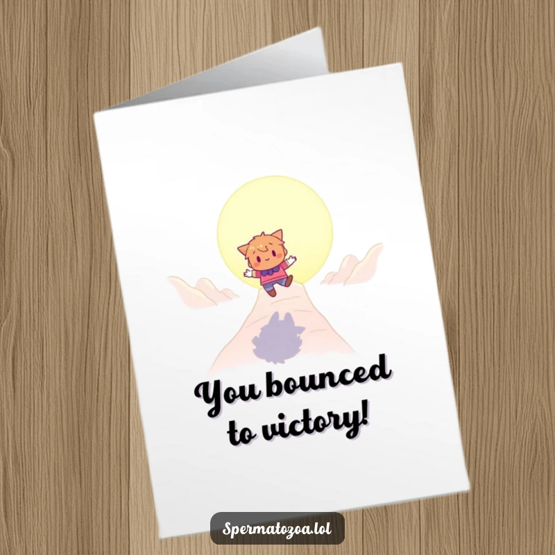 Funny Free Printable Bouncing Congrats Card: A character playfully bounces with determination towards a large, glowing goal of success.
