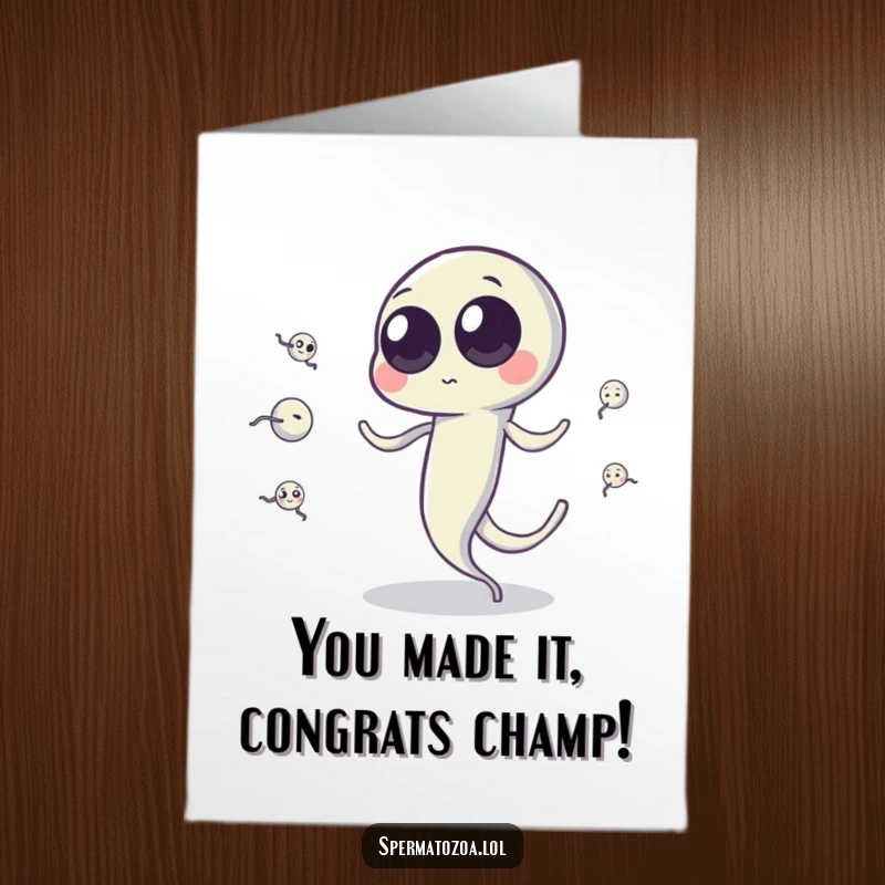 Free printable congratulations card of a sperm cell with googly eyes, expertly juggling tiny sperm cells using its tail.