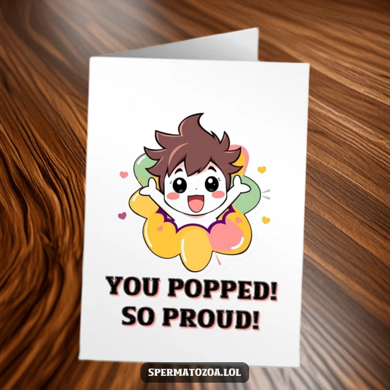 Funny Free Printable Congratulations Card: Energetic character bursting from a colorful shape, symbolizing boundless excitement for achievements, fun downloadable.