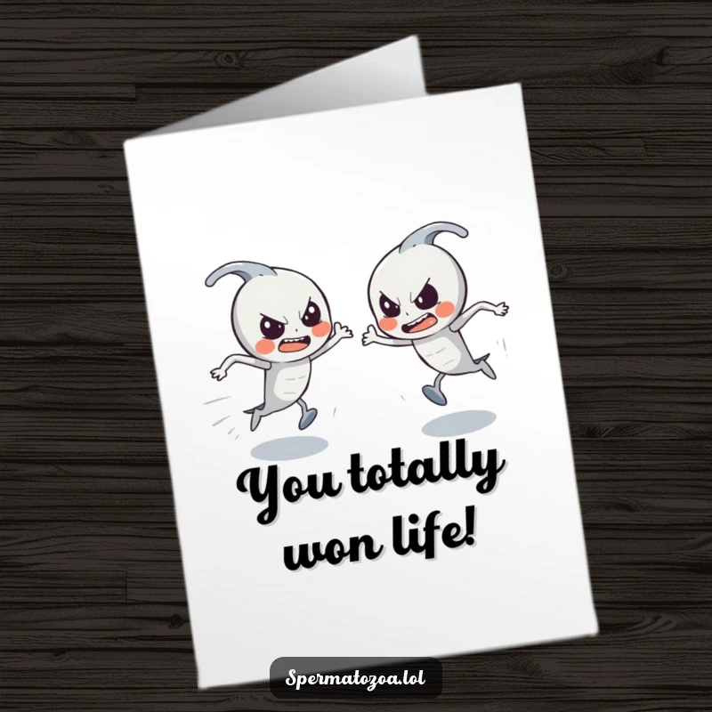 Funny Free Printable Congrats Card: Sperm characters racing with determination, celebrating new beginnings and achievements.