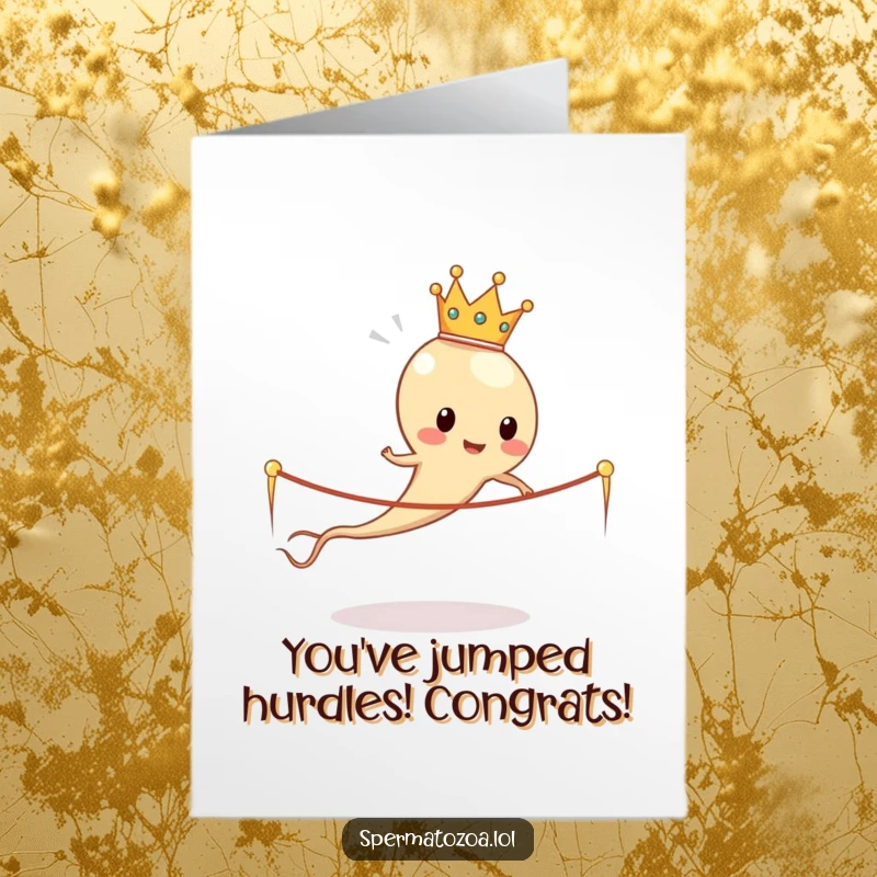 Funny Free Printable Congrats Card: Royal sperm with a crown attempts rope skipping with sperm tails, celebrating success with a chuckle.
