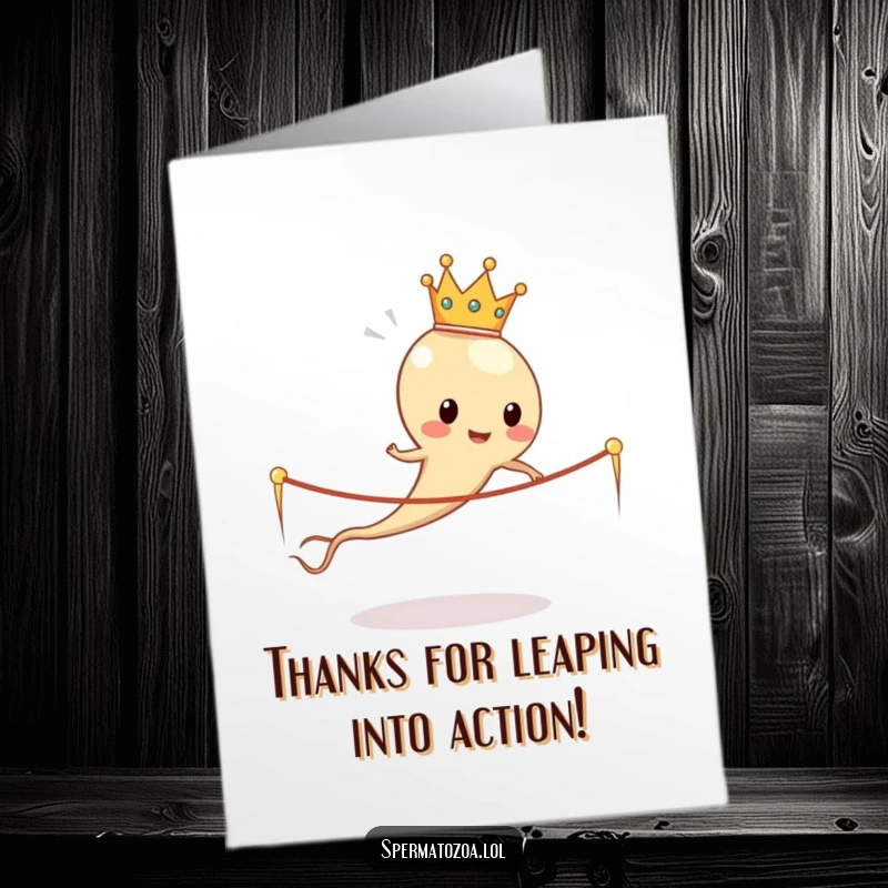 Funny Free Printable Thank You Card: A sperm cell with a tiny crown skips rope made of sperm tails, expressing gratitude comically.