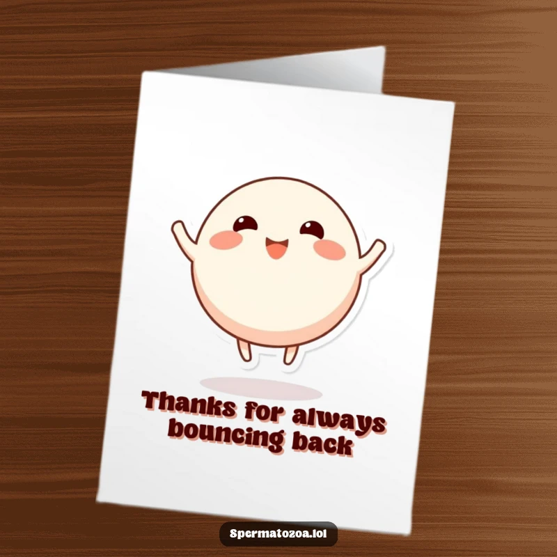 Funny Free Printable Thank You Card: A round, happy character with stubby limbs bounces up and down, sending thanks with glee.