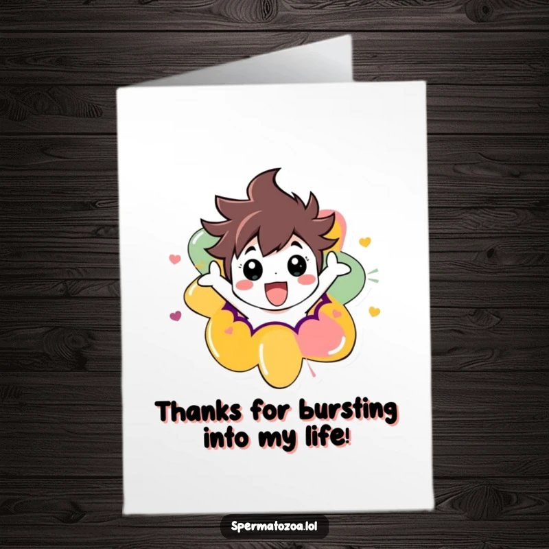 Funny Free Printable Thank You Card: Character energetically popping out of an abstract shape, conveying heartfelt thanks with infectious humor.