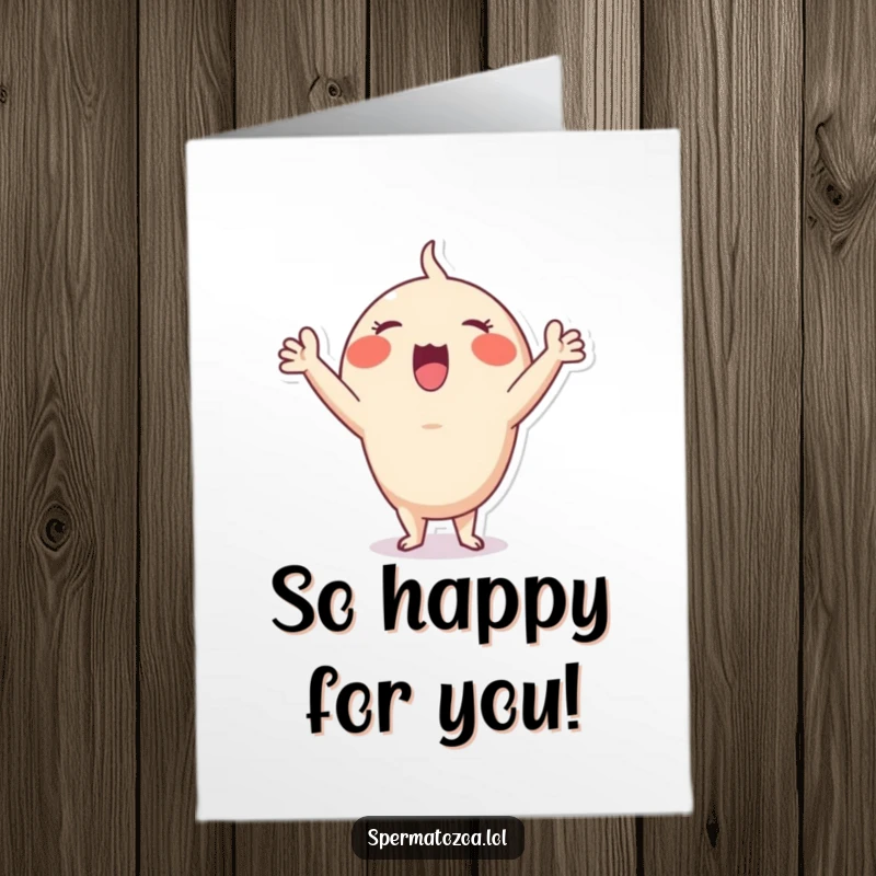 Funny Free Printable Thank You Card: Sperm character with tiny arms raised, cheering enthusiastically in thanks.