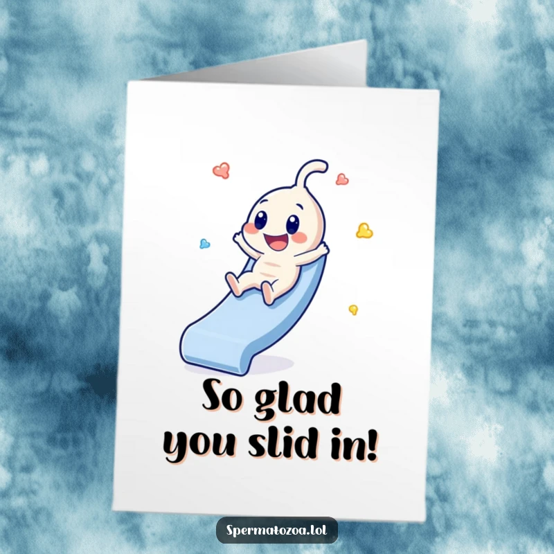 Funny Free Printable Thank You Card: Sperm character sliding down a slide with immense glee, thanking someone.