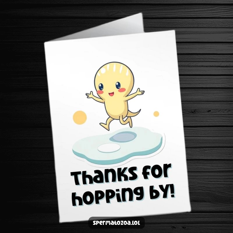 Funny Free Printable Thank You Card of a tiny sperm character playing hopscotch, showing movement and progress.