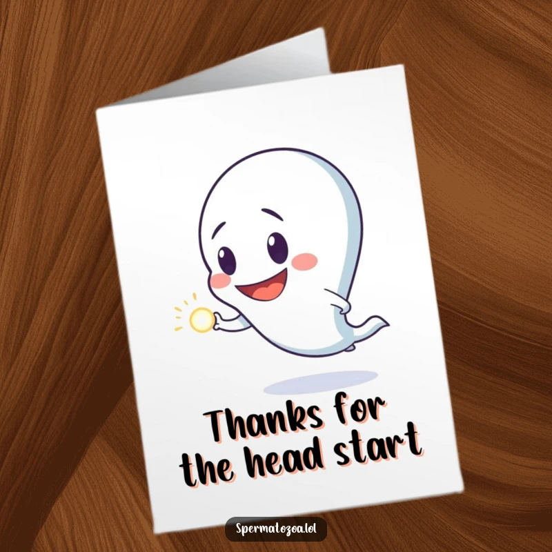 Funny free printable thank you card with a sperm character grinning while chasing a shiny dot.