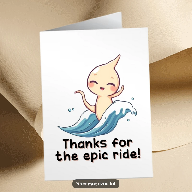 Funny Free Printable Thank You Card: A sperm character winks while riding a microscopic wave, conveying thanks with a cool, adventurous spirit.
