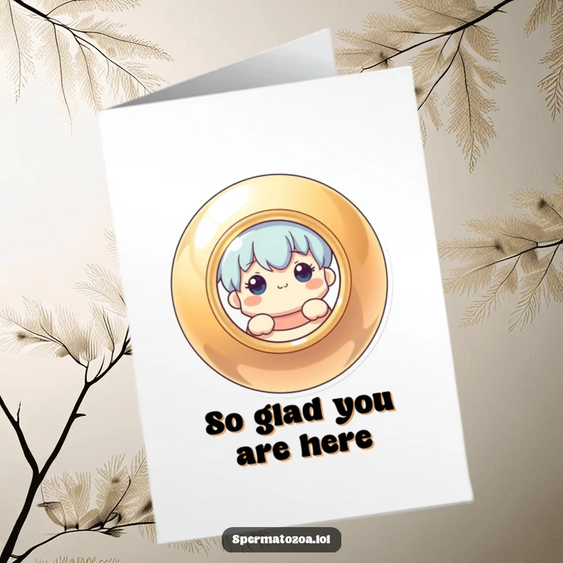 Funny free printable thank you card: a curious character reveals themselves from behind a shiny, circular shape, saying thanks.