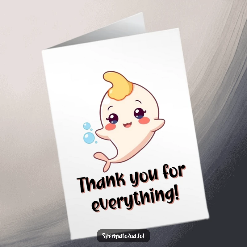 Funny Free Printable Thank You Card: A happy sperm character with a small bubble, conveying thanks in a humorous and distinctive manner.