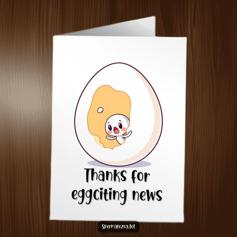 Funny Free Printable Sperm Thank You Card with a tiny sperm character looking surprised by a giant egg, adding humor to thanks.