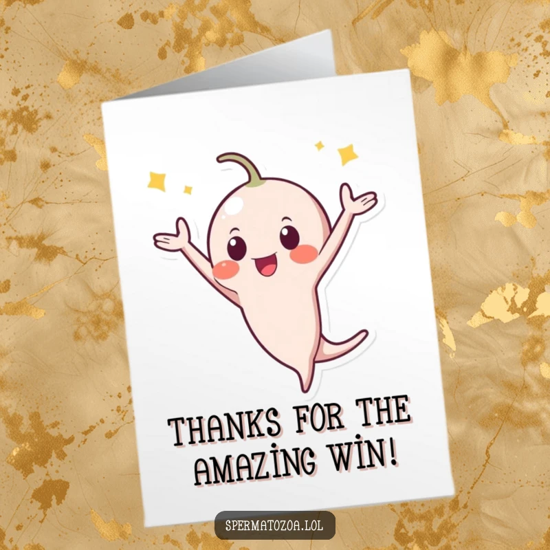 Funny Free Printable Thank You Card of a tiny sperm character doing a celebratory flip, conveying deep gratitude.
