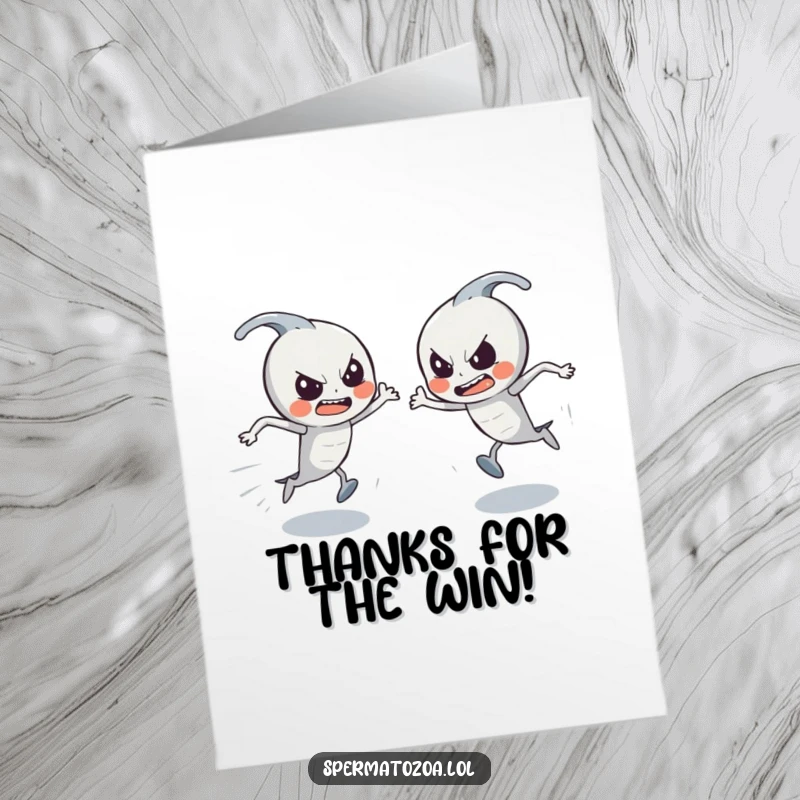 Funny Free Printable Thank You Card: Sperm characters in a determined race, perfect for a humorous thank you.