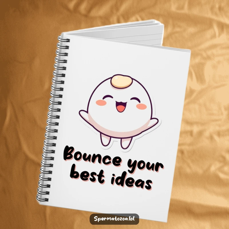 Funny rounded character notebook, smiling widely and bouncing joyfully, perfect for jotting down cheerful notes.