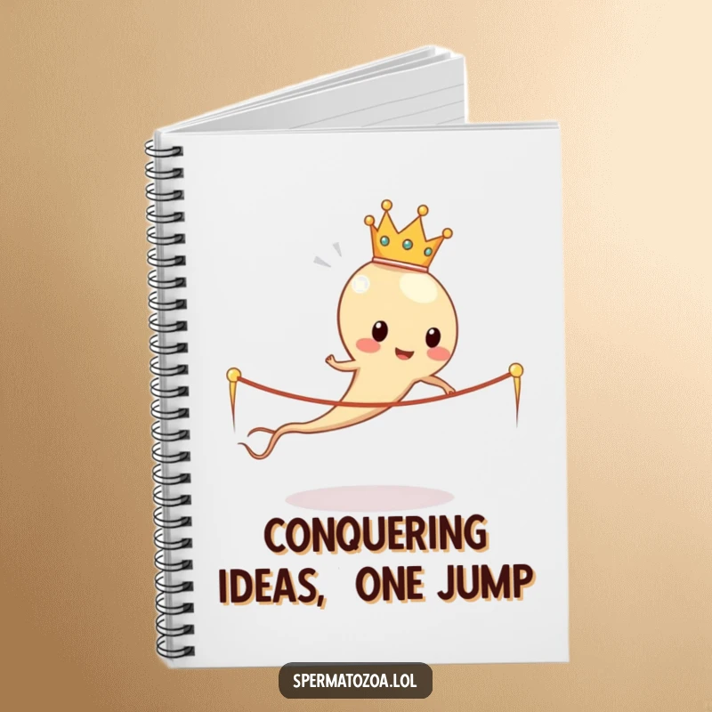 Funny sperm cell king wearing a crown, skipping rope made of sperm tails, a humorous notebook for writing ideas.