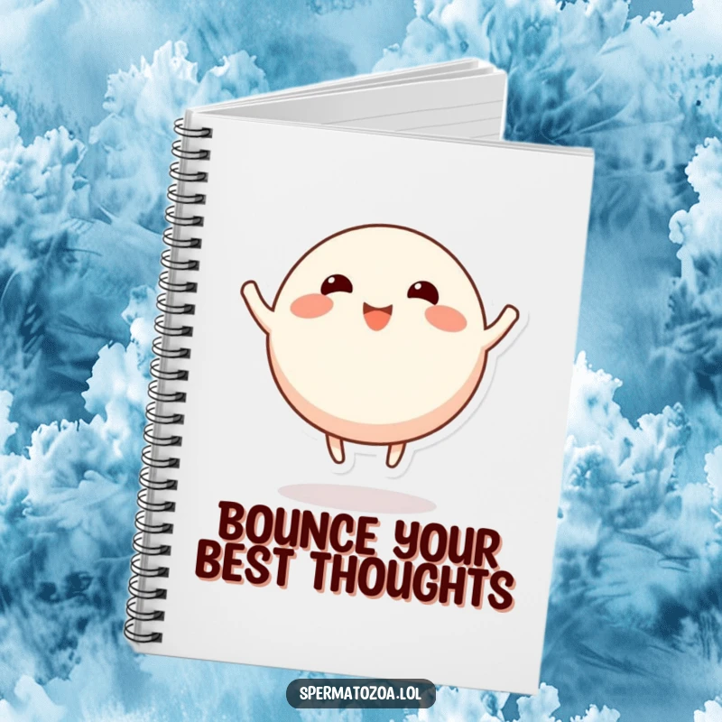 Funny round character notebook, stubby limbs bouncing happily, perfect for jotting down energetic and humorous notes.