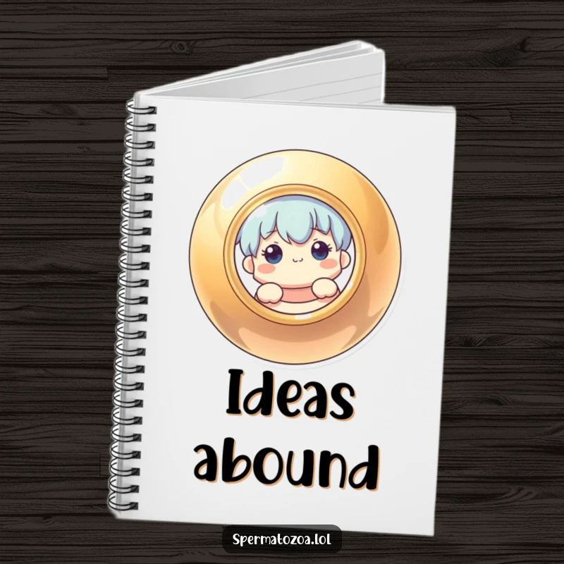 Funny notebook designed with a curious character peeking from behind a shiny, round shape, perfect for notes and ideas.