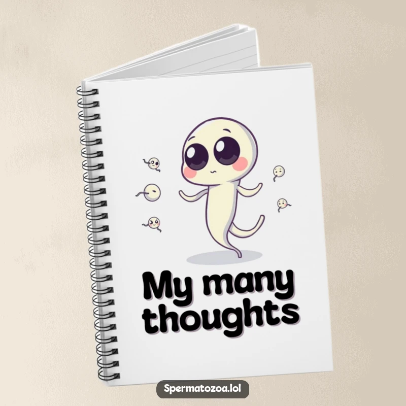 Funny sperm cell notebook with googly eyes juggling tiny sperm cells via tail, ideal for note-taking with scientific humor.