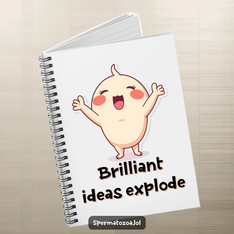 Funny Sperm Cheer Notebook: Tiny sperm character cheering with arms raised, perfect for jotting down excited thoughts.