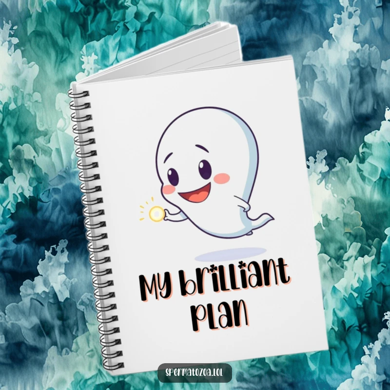 Funny notebook cover showing a sperm character with a goofy grin, chasing a luminous dot, representing the pursuit of ideas.