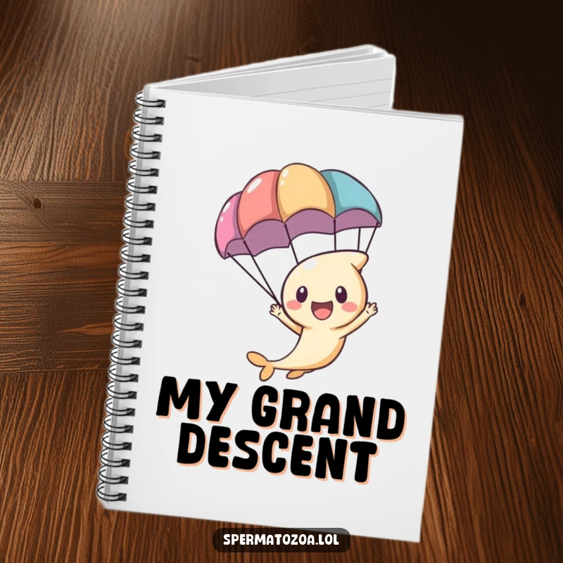 Funny tiny sperm character zooming with a parachute on the cover of a notebook for adventurous notes.