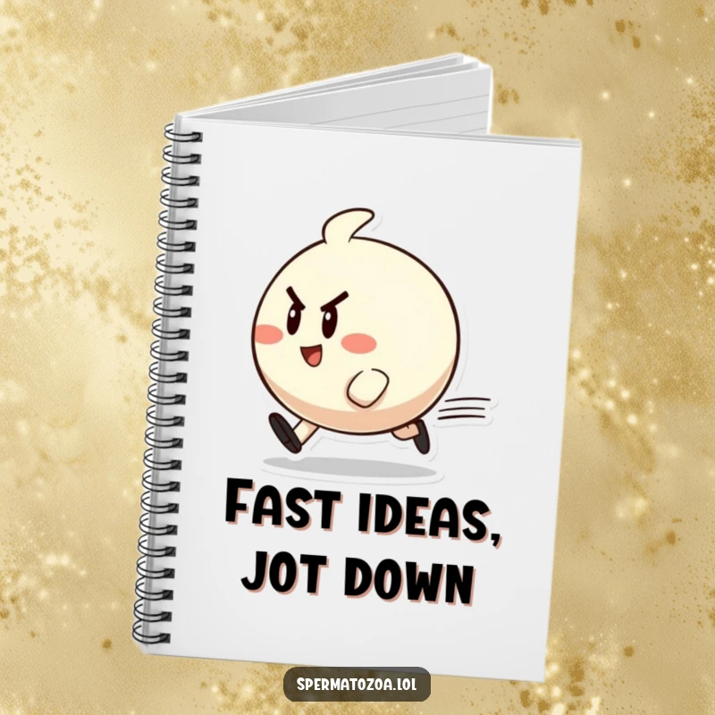 Funny zippy character notebook with a small, round character zipping past, perfect for jotting down ideas with energetic humor.