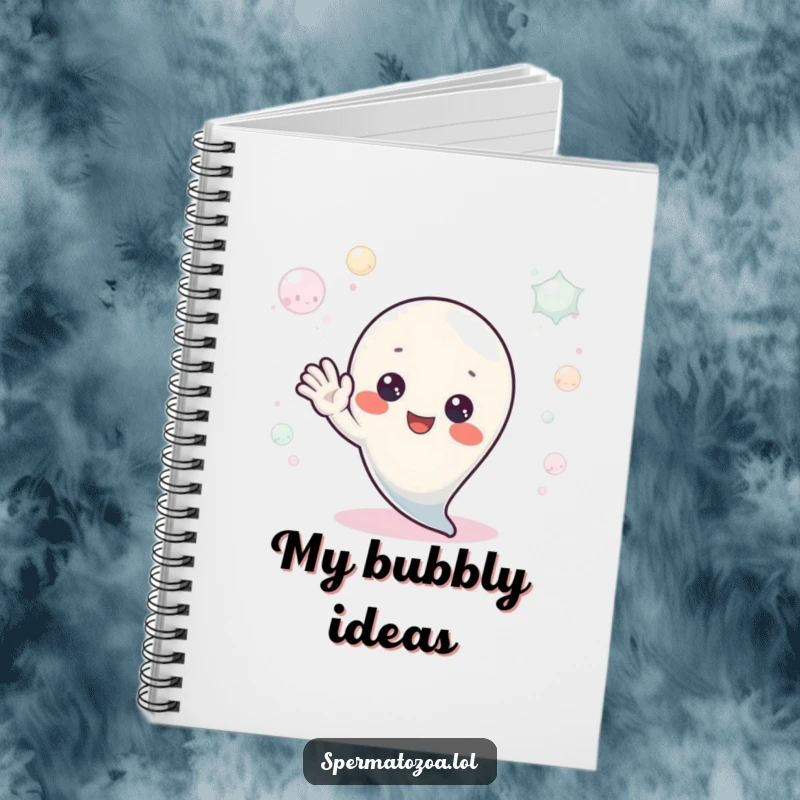 Funny Notebook: A tiny sperm character waves hello from a bubbly environment, ready to capture your friendly notes and ideas.