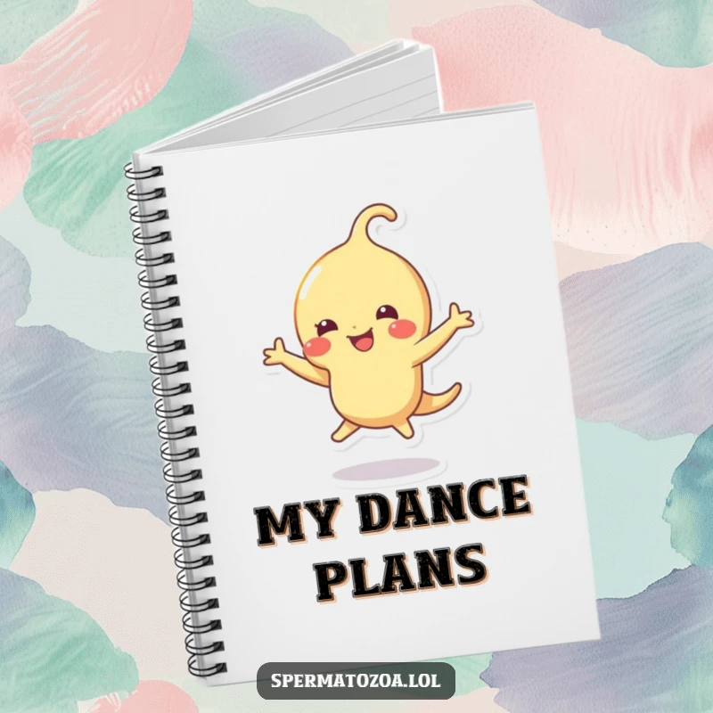 Funny sperm notebook depicting a sperm character dancing with joy, ideal for note-taking and creative ideas.