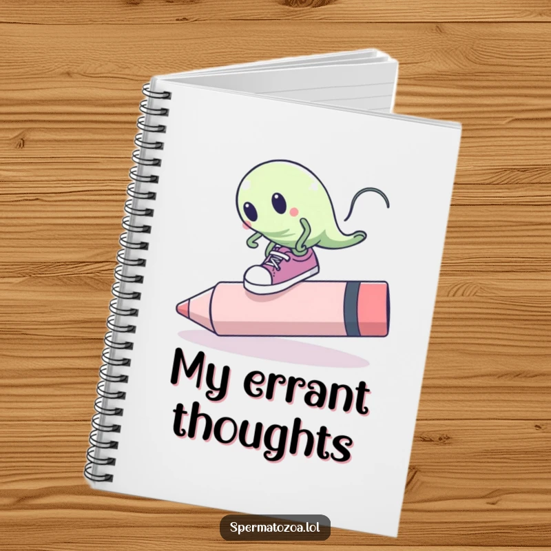 Funny sperm cell notebook with oversized shoes tripping over a giant pink eraser, ideal for note-taking with comical humor.
