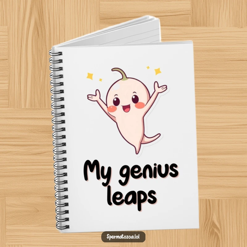 Funny Notebook: A tiny sperm character performs a celebratory flip, ready to capture your energetic thoughts and brilliant ideas.