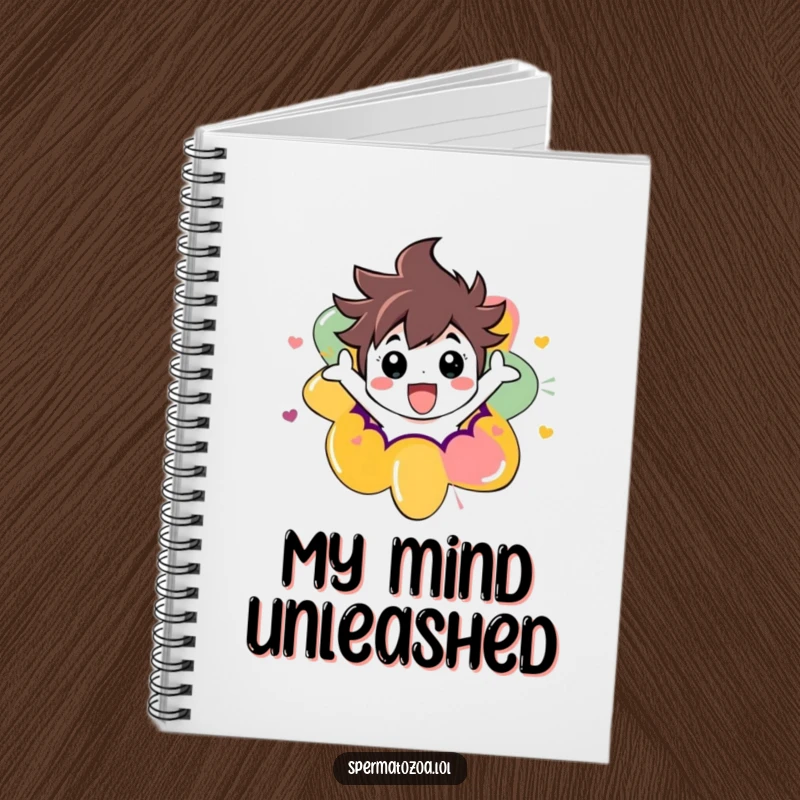 Funny notebook with a character excitedly breaking free from a colorful abstract shape, perfect for capturing creative thoughts and ideas.