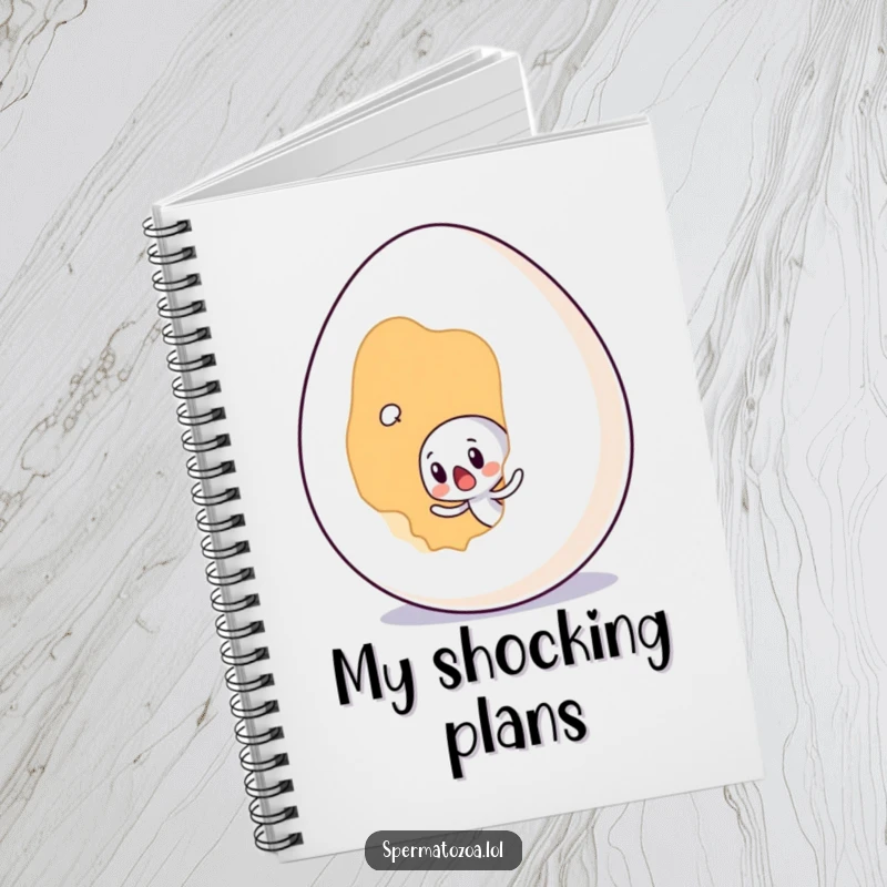 Funny tiny sperm character surprised by a giant egg on the cover of a notebook for shocking thoughts.