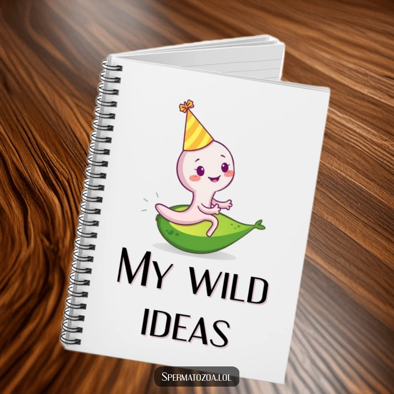 Funny sperm cell notebook with a smiling sperm in a party hat riding a rolling avocado, ideal for note-taking with festive humor.