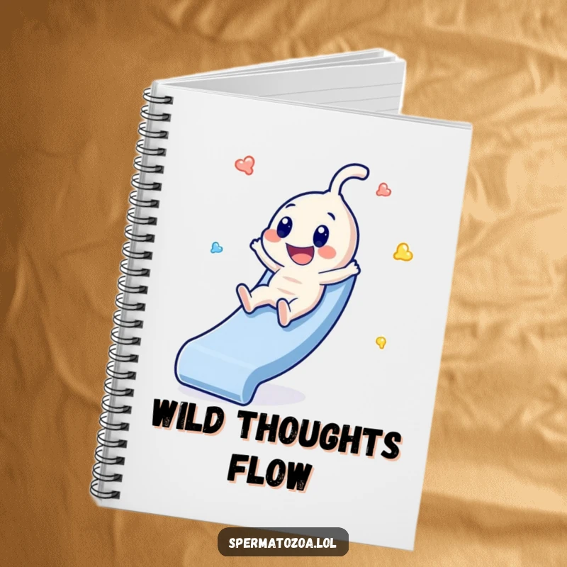 Funny Sperm Slide Notebook: Tiny sperm character sliding with glee, perfect for jotting down happy thoughts.