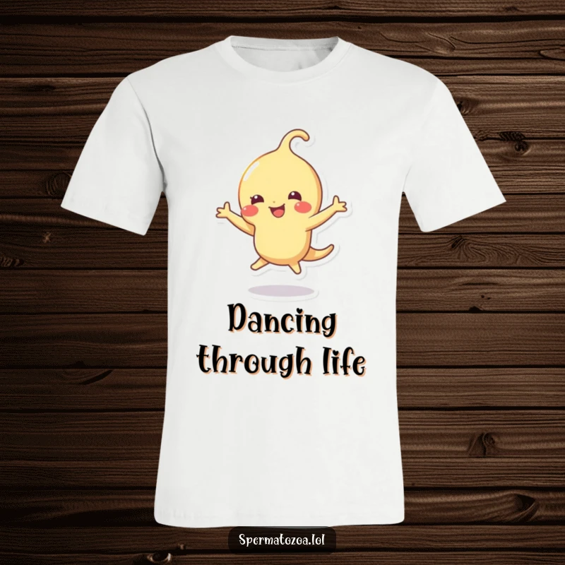 Funny sperm t-shirt featuring a tiny sperm character doing a happy dance, full of energy and comical joy.