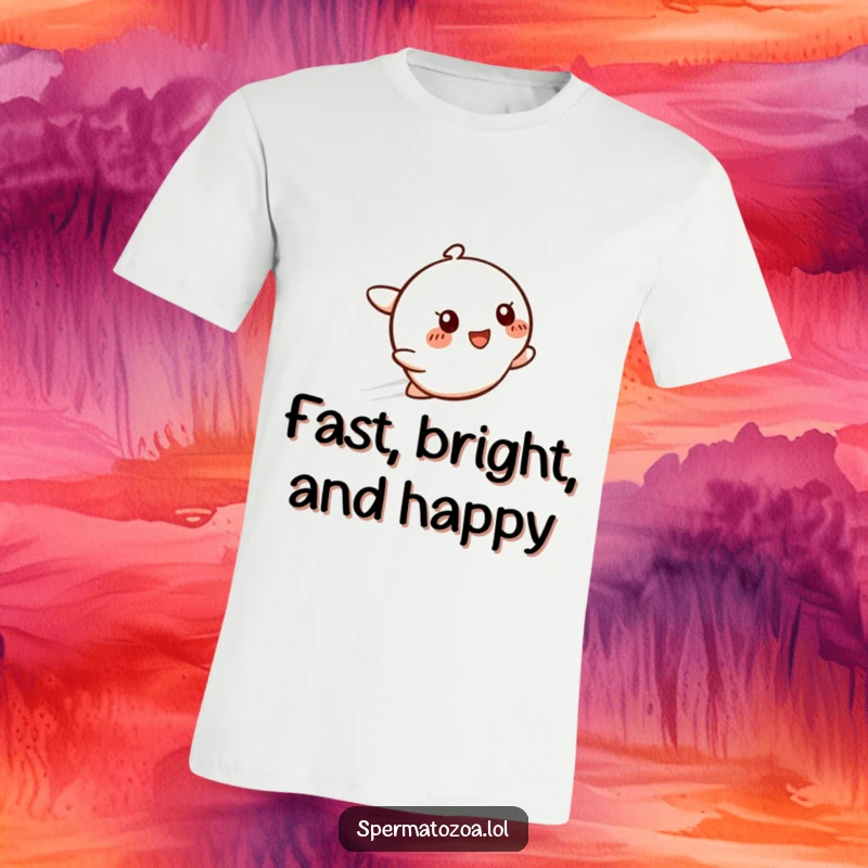 Funny Speedy Smile T-Shirt displaying a character zipping with a glowing trail, perfect for energetic people and as a funny gift.