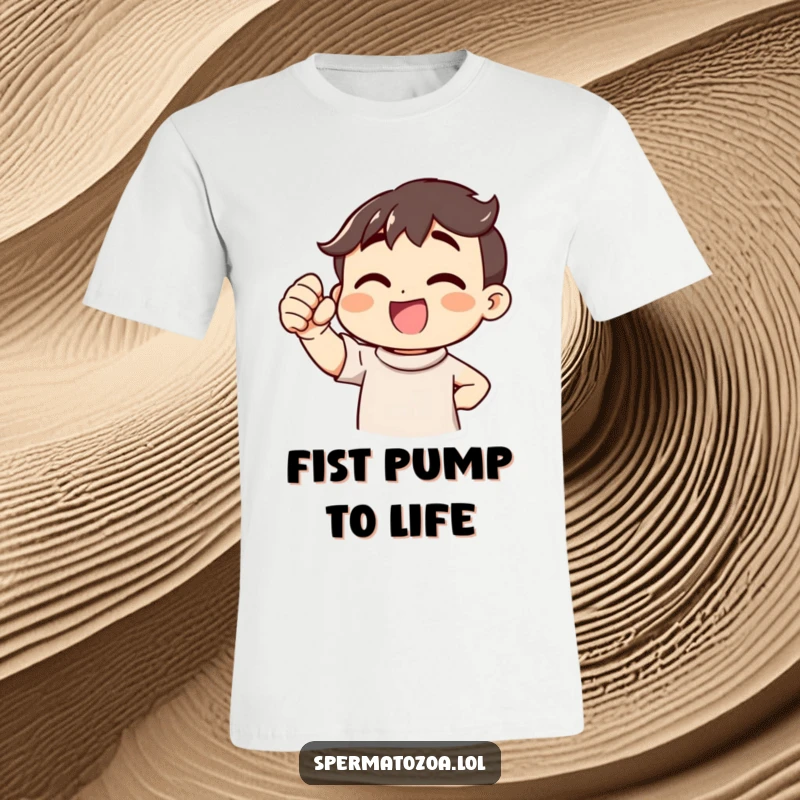 Funny Victory Cheer T-Shirt displaying a cheerful character with a blush pumping its fist, perfect for achievers and as a funny gift.