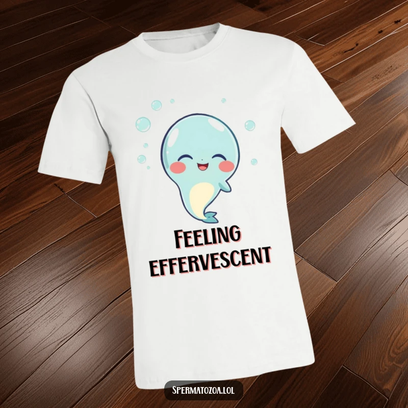 Funny t-shirt featuring a sperm character joyfully giggling, embraced by a cluster of small, shimmering bubbles, highlighting pure delight.