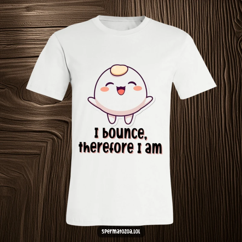 Funny rounded character t-shirt, smiling widely and bouncing joyfully, expressing pure exuberance and happiness.