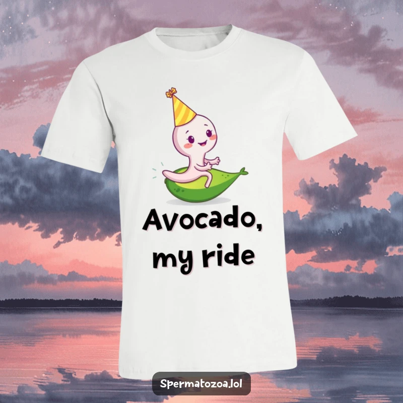 Funny sperm cell t-shirt of a smiling sperm in a party hat riding a rolling avocado, celebrating whimsical adventure.