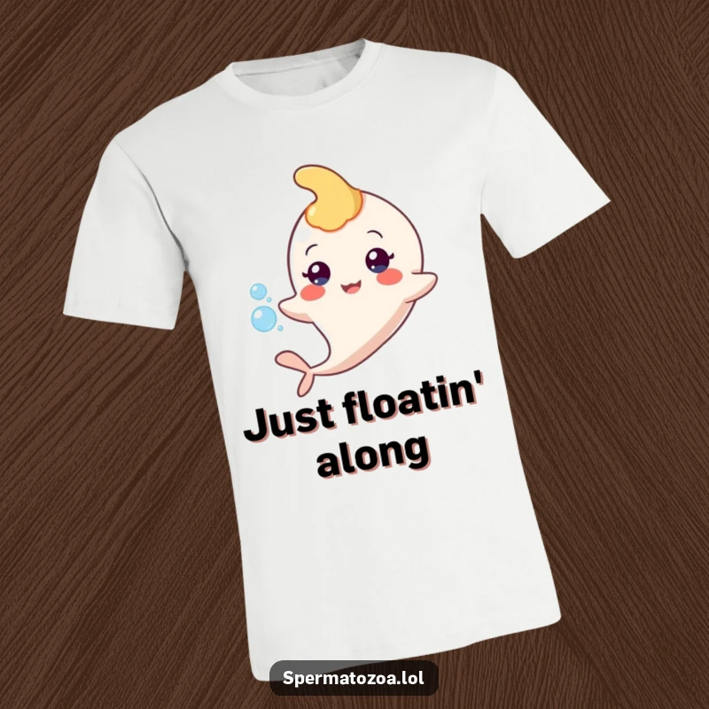 Funny sperm character t-shirt, floating happily with a small bubble, showcasing reproductive humor.