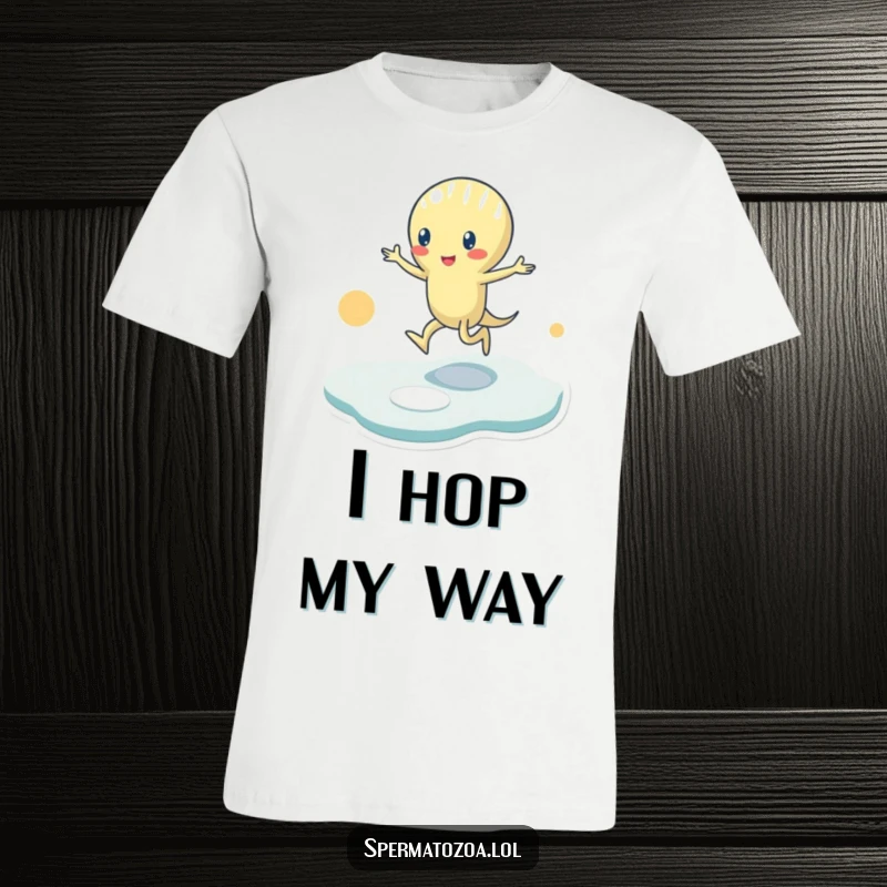 Funny T-Shirt: A tiny sperm character is depicted mid-hopscotch game, leaping across abstract shapes with cartoonish enthusiasm and humor.