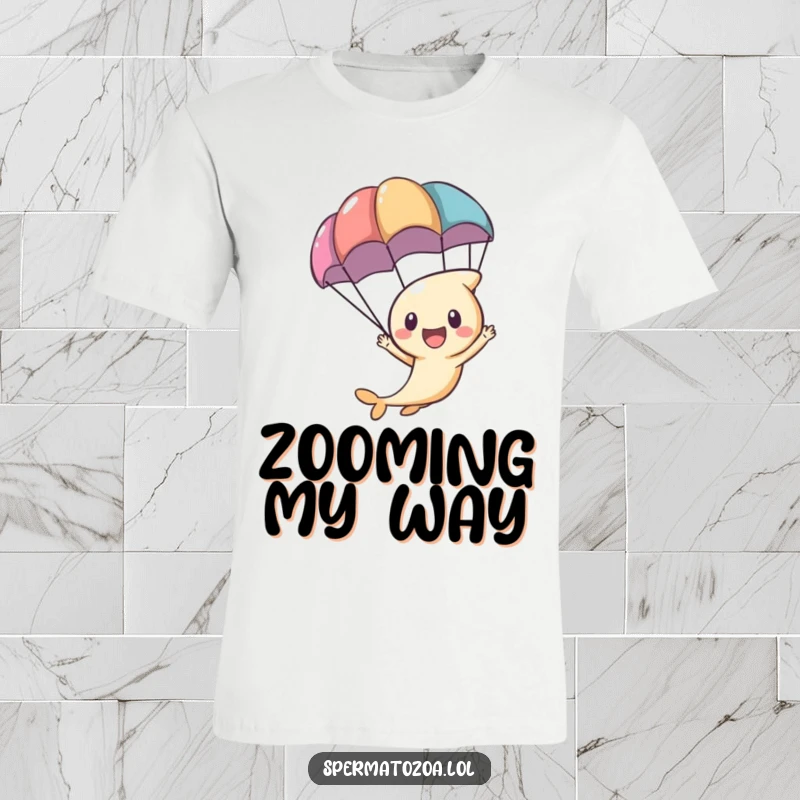 Funny tiny sperm character with a parachute, excitedly zooming, featured on this adventurous t-shirt.