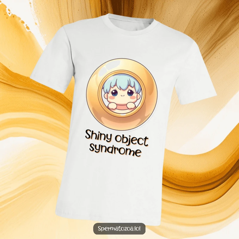 Funny t-shirt with a curious character investigating behind a reflective, circular shape, hinting at hidden wonders.