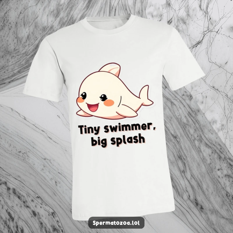 Funny T-Shirt with a tiny character enthusiastically swimming, showing a determined grin, embodying perseverance and humor.