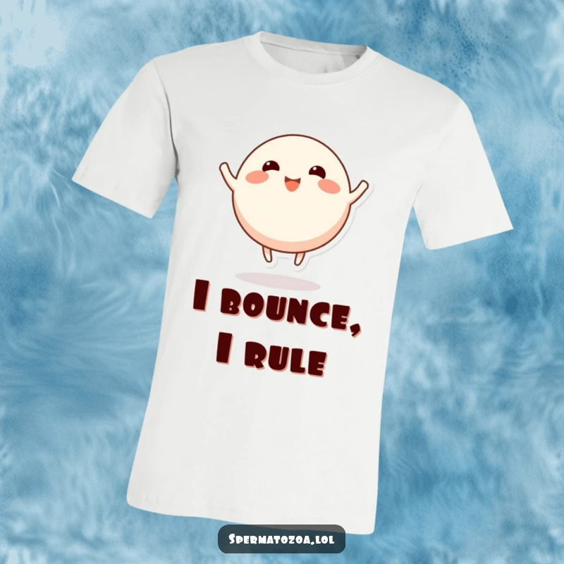 Funny round character t-shirt, stubby limbs bouncing energetically, expressing pure happiness and playful movement.